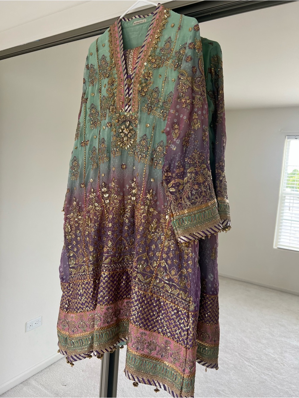 3 Piece Baroque Embroidered Green and Purple Formal Women’s Dress